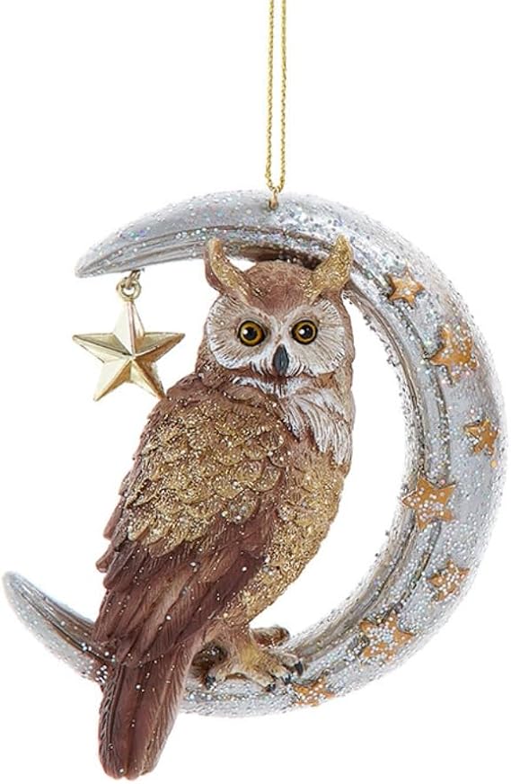 Owl on Gold and Silver Glitter Moon Ornament