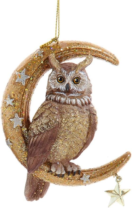 Owl on Gold Glitter Moon Ornament