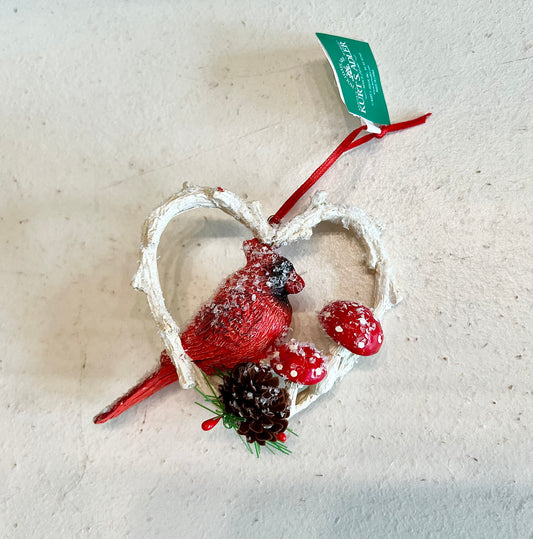 Cardinal on Heart Branch with Mushroom Facing Right Ornament