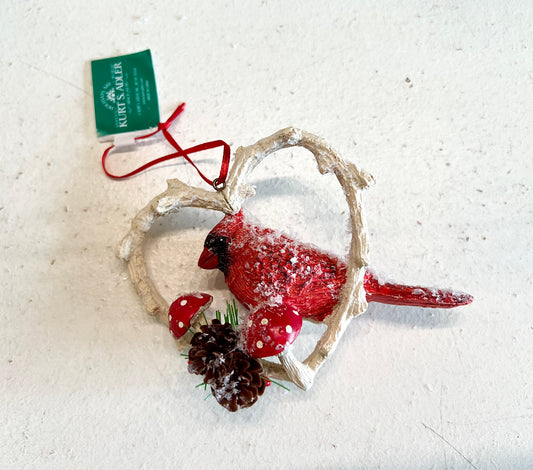 Cardinal on Heart Branch with Mushroom Facing Left Ornament