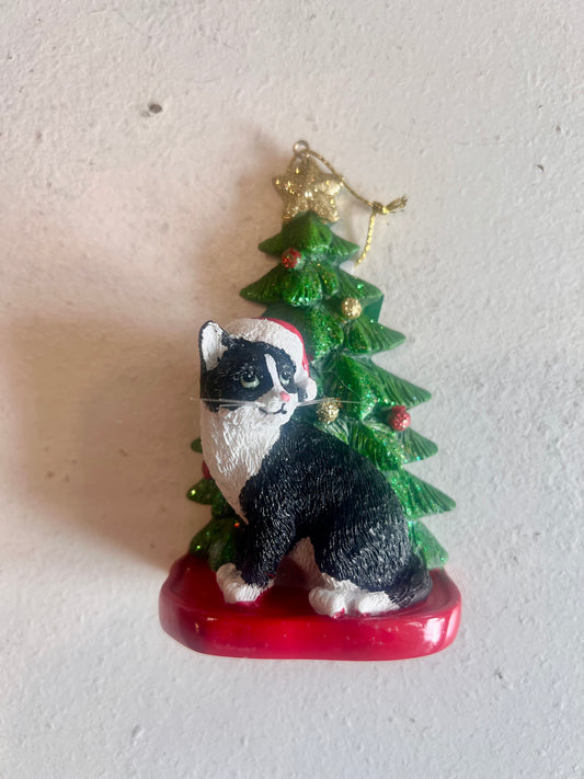 Tuxedo Cat with Christmas Tree Ornament
