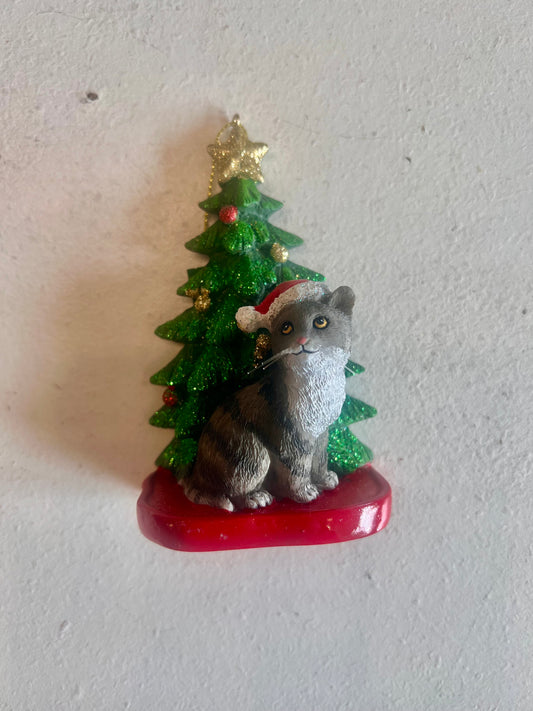 Grey Tabby Cat with Christmas Tree Ornament